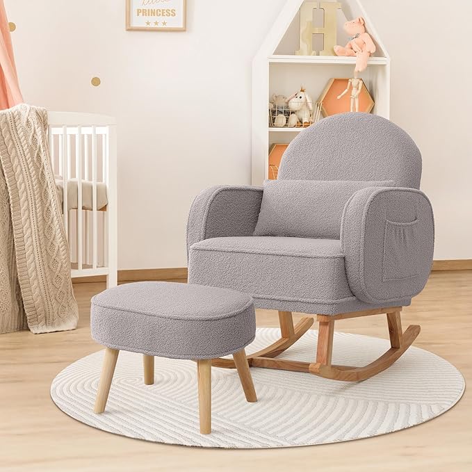 Nursery Rocking Chair with Ottoman, Upholstered Glider Rocker with High Backrest and Side Pocket, Rocking Accent Armchair with Solid Wood Legs for Nursery, Living Room, Bedroom Light Grey