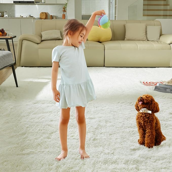 Ultra Soft Rug for Living Room, 4X6 Fluffy Shag Area Rug for Bedroom, Modern Shaggy Carpets Fuzzy Rug for Teens Dorm Nursery Home Decor Aesthetic, Upgrade Anti-Skid Durable, Cream White