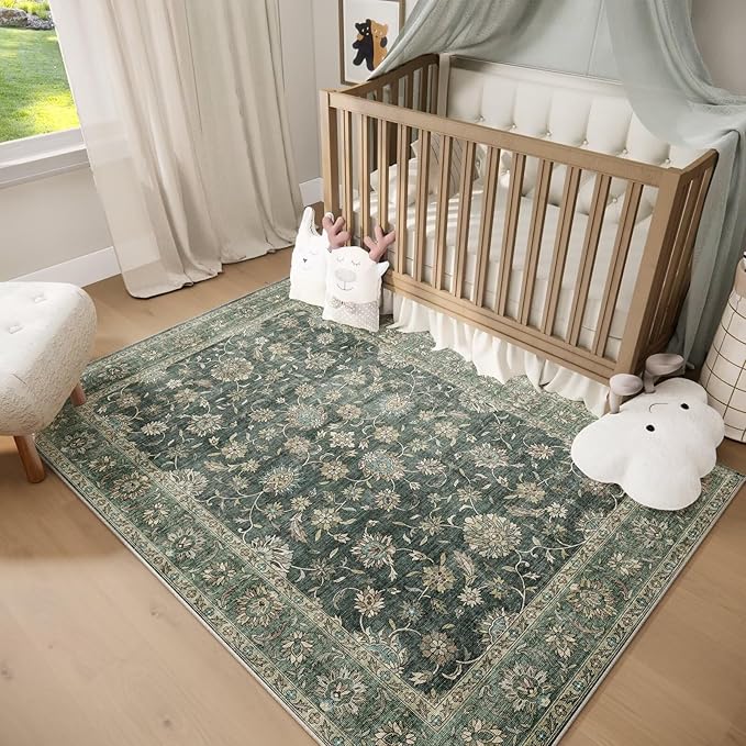 Washable 3x5 Entryway Rug Indoor, Boho Non-Slip Silicone Backing Small Rugs for Kitchen Nursery Office Bedroom, 0.3" Neutral Oriental Throw Carpet with 0.16" Cushioning Pad, Sage Green/Multi