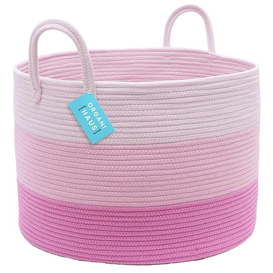 OrganiHaus Toy Storage Basket for Kids, Large Cotton Rope Organizer Bin for Nursery, Toy Box, Blanket Holder, Baby Hamper for Living Room, Soft & Washable, 20x13 inches - Pink