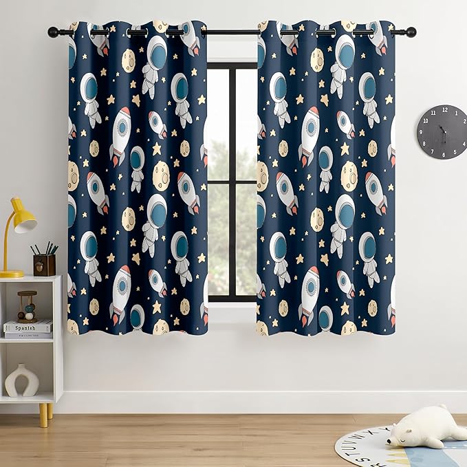 Kids Space Astronaut Planets Rockets Blackout Curtains - 100% Blackout, Thermal Insulated, Noise Reducing, for Kids Room and Nursery, 2 Panels (Astro Buddy Rockets, W52×L63)
