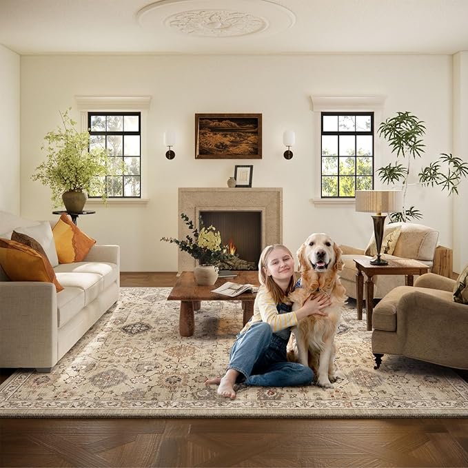 Machine Washable Rug for Living Room: 8x10 Area Rugs Boho Vintage Rug Stain Resistant Non Slip Low Pile Soft Lightweight Carpets for Bedroom Kitchen Dining Room Nursery Kids Room Farmhouse