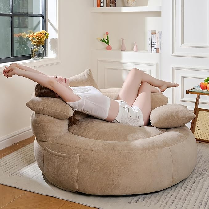 Bean Bag Chair for Adults, Comfortable Bean Bag Sofa with Back Support and Pillows, Giant Bean Bag Chairs Suitable for Living Rooms, Bedrooms and Apartments -Khaki