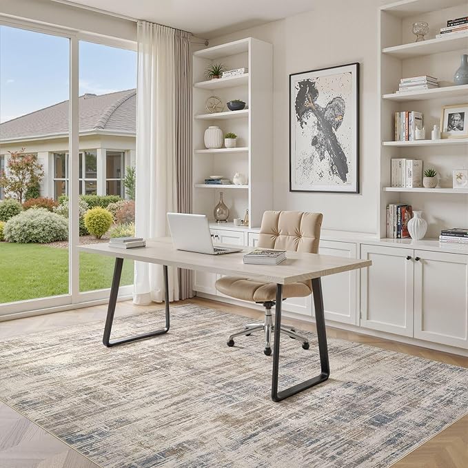 Area Rug for Living Room: 8x10 Washable Neutral Abstract Modern Soft Rugs Non Slip Indoor Floor Stain Resistant Large Carpet for Bedroom Dining Room Office Nursery - Brown