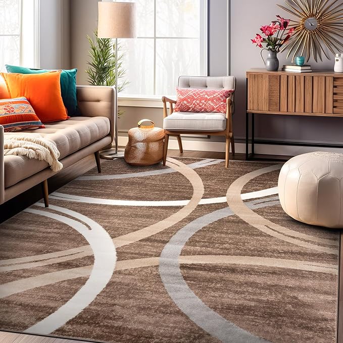 Rugshop Modern Wavy Circles Design Area Rug 12' x 15' Brown