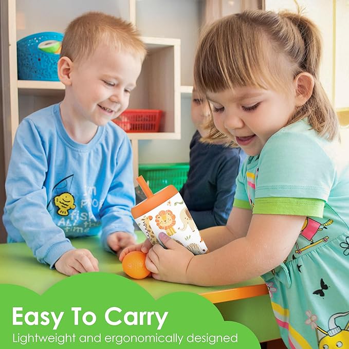 Kid Insulated Stainless Steel Tumbler with Silicone Straw, 12oz Sippy Cup for Kids (Jungle Animals)