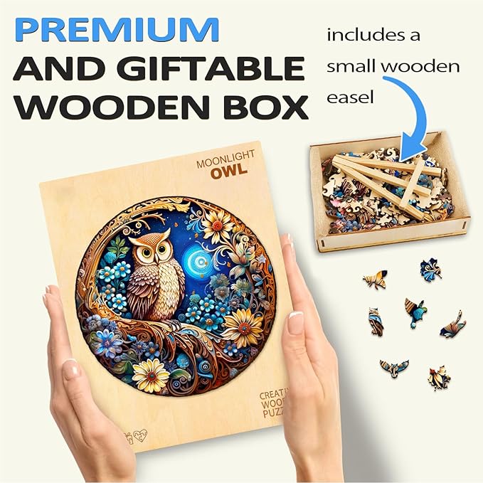 masseruon Wooden Puzzle for Adults-Moonlight Owl, Unique Shaped Jigsaw Puzzles(S, 100pieces, 8.4x8.4in), Beautiful Animal Owl Jigsaw Wood Puzzles Adult, Family Puzzle Game Christmas Birthday Gift