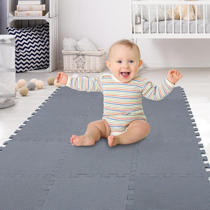XMTMMD Soft Non-Toxic Foam Baby Play Mat | Toddler Playmat | EVA Foam Interlocking Tiles for Gym, Nursery, Playroom | 18 Squares Foam Floor Mats for Kids & Babies | Gray Jigsaw Puzzle Play Mat