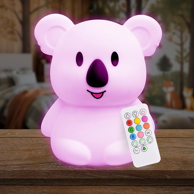 Lumipets Remote Control Silicone Night Light for Kids - Koala Design with 9 Soft Colors & Sleep Timer - Rechargeable, Battery-Operated Lamp for Bedroom | Baby Nursery, Toddler, Girls, Boys
