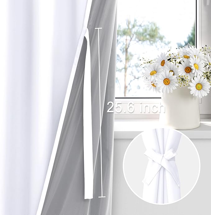 XWZO White 100% Blackout Curtains - Heat and Full Light Blocking Drapes with Black Liner for Bedroom/Laundry Room, Rod Pocket Window Panels with Tiebacks, White, W52 x L72, Set of 2