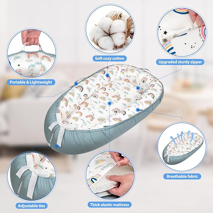 Baby Lounger - Baby Lounger for Newborn 0-24 Months, Breathable & Soft Baby Nest, Portable and Lightweight Lounger for Home and Travel, Ideal Newborn Babies Essentials (Blue-Rainbow)