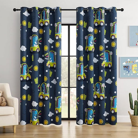 Kids Dinosaur Blackout Curtains - 2 Panels, Each W52*L96 with 100% Blackout, Thermal Insulated, and Noise Reducing, Perfect for Kids Room, Bedroom, Nursery