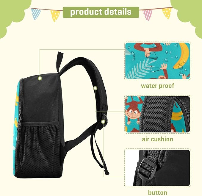 Monkey Banana Toddler Backpack Waterproof Mini Backpack Boys/Girls Cute Small Backpack Kindergarten Pre School Bags (M