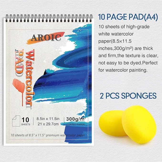 Watercolor Paint Set, 48 Color Watercolor with 10 PCS Nylon Brushes,6 PCS Refillable Water Brush Pen, 10 Page Pad(A4) and 2 PCS Art Sponges. Watercolor Paint set for Adults,Children and Beginners.