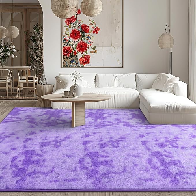 Kimicole 6x9 Washable Area Rugs for Living Room Bedroom, Large Low Pile Ulta-Thin Solid Color Rug, Non-Slip Soft Fluffy Carpet for Nursery Kids Room Dorm Room Home Decor (Purple)
