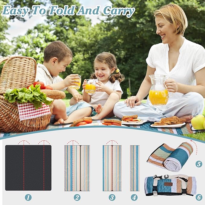 Waterproof Picnic Blanket 80" x 80" in Portable with Carry Strap for Beach Mat or Family Outdoor Camping Party, Park Blanket for Grass Park, Hiking, Travel, Concerts (Crystal Blue & Orange, 80" x 80")