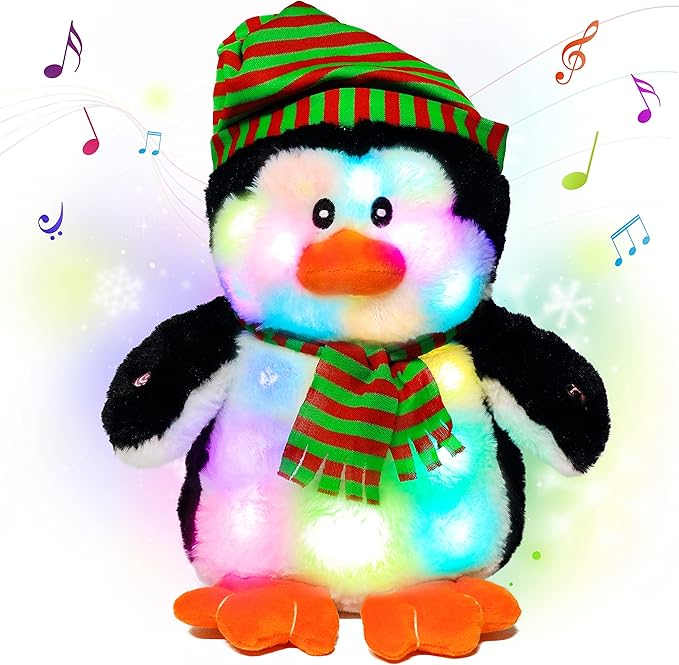 Cuteoy Light-up Singing Plush Penguin LED Musical Stuffed Animal Adjustable Volume Lullaby Plushies Birthday Christmas Toy Gifts for Kids Toddler Girls, 11"