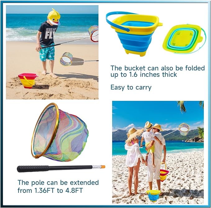 2PCS Fishing Net with Bucket, Telescopic Fishing Landing Net, Collapsible Kids Sand Bucket, Kids Fish Butterfly Catching for Freshwater Saltwater Outdoor Activities