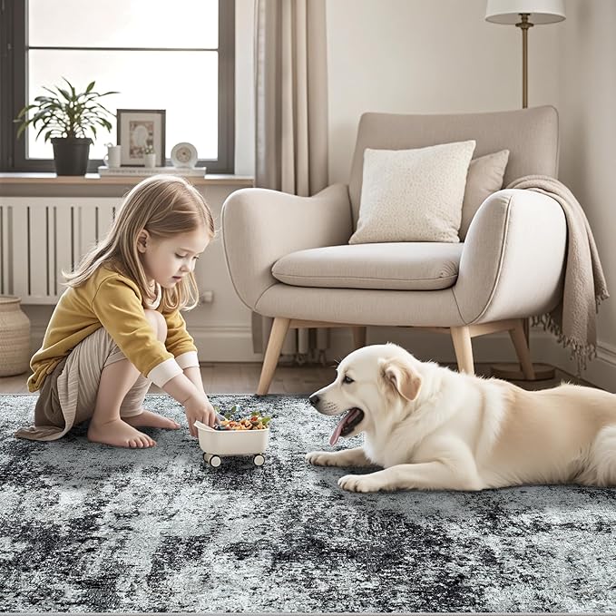 Area Rug 9x12 Washable Rugs: Abstract Large Living Room Rugs with Non-Slip Backing, Stain Resistant Indoor Floor Carpet for Bedroom Dining Room Table Nursery Hallway Home Office Dark Black/Gray