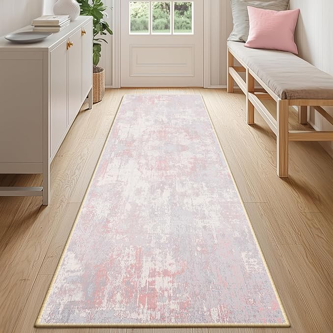 Washable Area Rugs 2'x10' Non-Slip Modern Abstract Soft for Living Room Entryway Bedroom Nursery, Print Pattern, Grey Pink