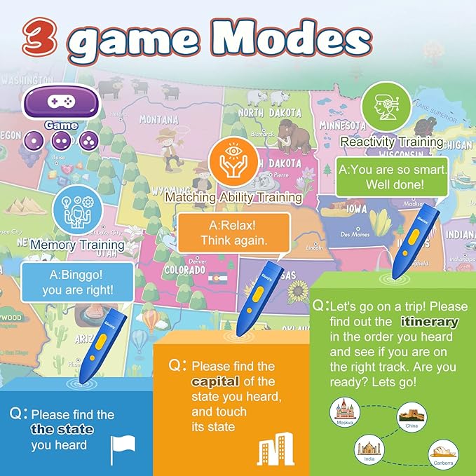 Bilingual Interactive for Kids Talking USA Map for Kids Learning, Geography Toys Games Educational Electronic Map Christmas Personalized Gift/Toys for 4 5 6 7 8 9 10 Year Old Girls/Boys