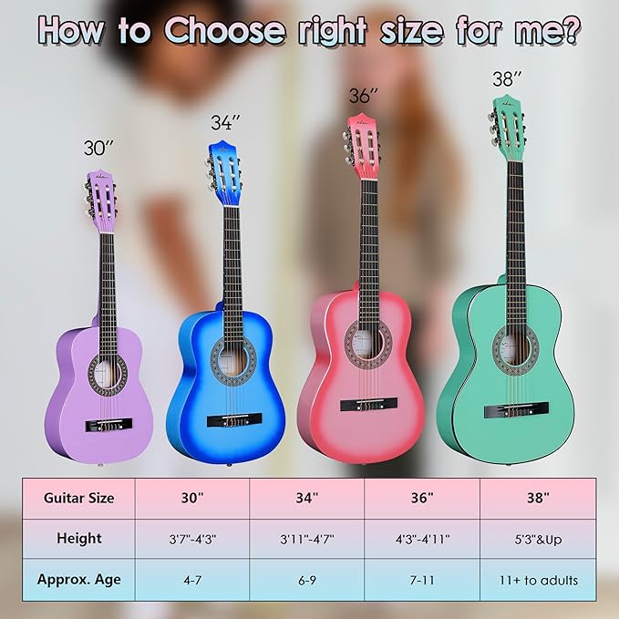 ADM Beginner Acoustic Classical Guitar 38 Inch Nylon Strings Wooden Guitar Bundle Kit for Kid Boy Girl Student Youth Guitarra Online Lessons with Gig Bag, Strap, Tuner, Strings, Cyan Green