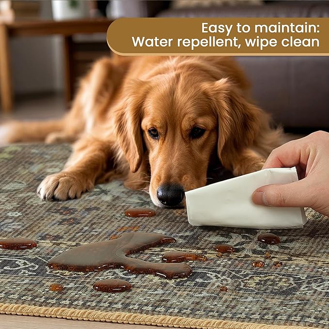 5x7 Machine Washable Area Rug for Living Room Dining Room, Vintage Floral Kitchen Rugs Non Slip, Traditional Indoor Floor Carpet for Bedroom, Farmhouse, Office Classroom Brown/Yellow