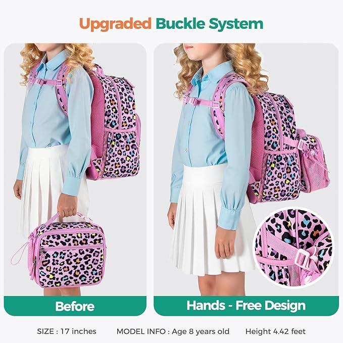 Choco Mocha Cheetah Backpack for Girls, Elementary School Backpack for Girls Ages 6-8 Kids Kindergarten Backpack Large Bookbag 18 Inch with Chest Strap, Pink