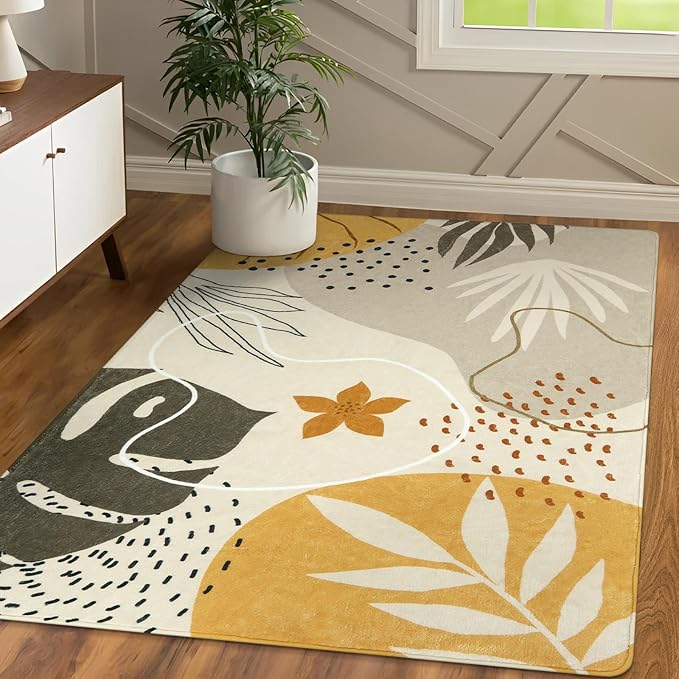 LLahome Boho 3x5 Washable Area Rug - Small Non-Slip Low-Profile Soft Rugs for Bedroom Living Room, Ultra-Thin Botanical Print Indoor Modern Carpet for Entryway Laundry Room Kitchen Office, Tan
