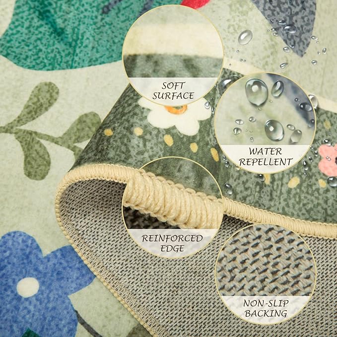 Floral 8x10 Area Rug Machine Washable Soft Print Boho Carpet Non Slip Doormat Low Pile Flower Area Rugs for Living Room Bedroom Nursery Kitchen Dining Room Indoor-Light Green