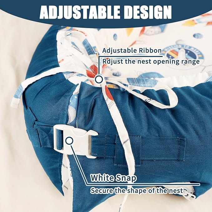 Baby Lounger Cover for Boys Girls, Reversible Baby Nest Cover, Adjustable Baby Lounger Replaceable Cover for Infant Newborn, Portable and Machine Washable, Cotton Blue Rocket Cover Only