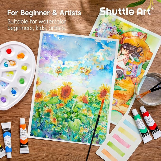 Shuttle Art Watercolor Paint Set, 36 Colors Watercolor Paint in Tubes (12ml Each) with 3 Brushes, Rich Pigment, Easy to Blend, Perfect for Kids, Artists, Beginners, Students