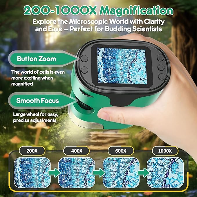 1000X Handheld Microscope for Kids 4K 2.0" Screen Rechargeable Mini Pocket Digital Microscopes w/Slides Kit Portable Edu Gift Age 4-6 8-12 Children Students (Green)