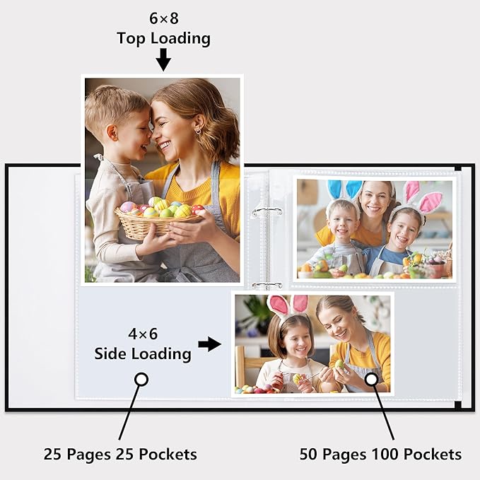 Vienrose Linen 3-Ring Photo Album Holds 250 Photos, 200 4x6 Photos and 50 6x8 Pictures, Picture Album with Multiple Size Pockets, Memory Book for Family Wedding Anniversary Baby, Black