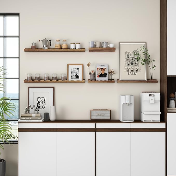 Fun Memories Picture Ledge Shelf for Wall, 16 inch Pine Wood Nursery Book Shelves Set of 4- Wall Book Shelves for Kids Room, Home Decor - Kitchen Spice-Carbonized