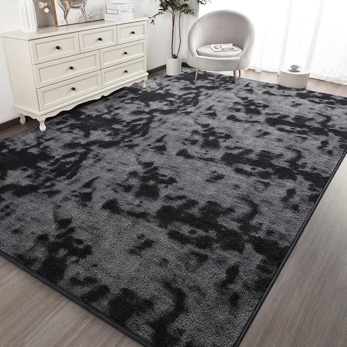 Kimicole 7x10 Washable Area Rugs for Living Room Bedroom, Large Low Pile Ulta-Thin Solid Color Rug, Non-Slip Soft Fluffy Carpet for Nursery Kids Room Dorm Room Home Decor (Dark Grey)