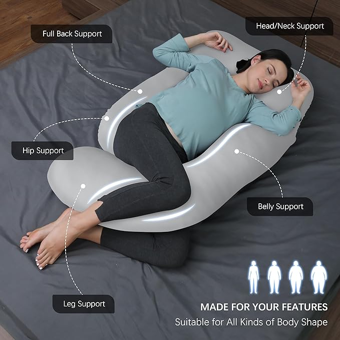 MOON PARK Pregnancy Pillows for Sleeping - U Shaped Full Body Maternity Pillow with Removable Cover - Support for Back, Legs, Belly, HIPS - 57 Inch - Light Grey - Cooling Cover