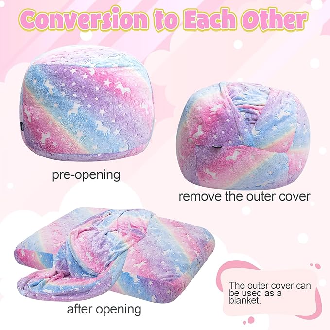 Kids Bean Bag Chair Turn into Beanbag Bed, Unicorn Toddler Bean Chair for Girl Boy Sleeping, Lazy Children Bean Bags with Filler, Convertible Child Floor Mattress, Colorful Rainbow