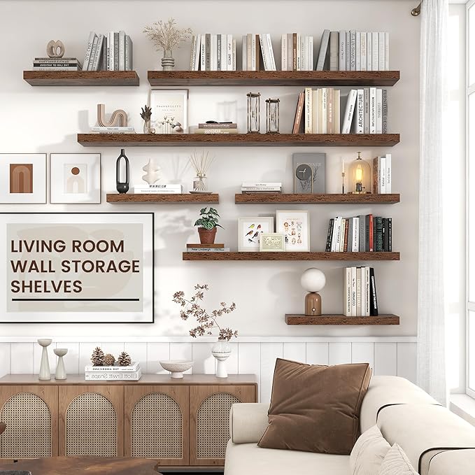 Floating Shelves for Wall, Large Wall Mounted Shelves with Invisible Brackets, Long Wood Floating Shelf for Living Room, Bedroom, Kitchen, (Brown, 72" W x 9" D x 1.5" H)