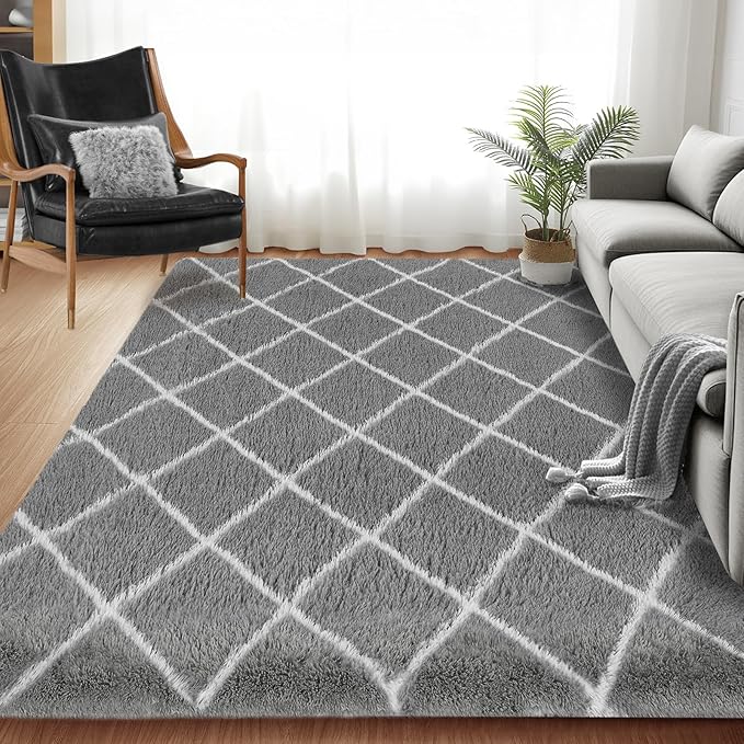 Fluffy Rug for Bedroom, 8X10Feet Stripe Checkered Rug Anti-Skid High Pile for Living Room Bedroom Kids Room Nursery, Dorm Home Decor