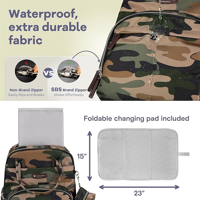 RUVALINO Diaper Bag Backpack, Multifunction Travel Pack Maternity Baby Changing Bags, Large Capacity, Waterproof, Green Camo