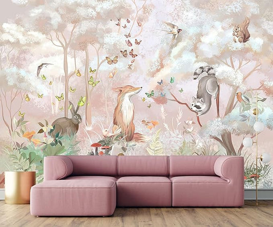 Kids Safari Wallpaper for Nursery, Woodland Fox Squirrel Rabbit Animals Wall Mural Pink Forest Wallpaper for Bedroom Living Room Children's Room(Not Self-Adhesive)