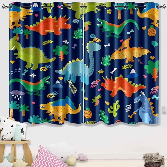 Dinosaur Blackout Curtains 2 Panels 63" Inch Drapes Boys Curtains for Bedroom Cute Dinosaur Themed Grommet Top Thermal Insulated Boys Room Curtains for Nursery, Navy Blue, 82" x 63"