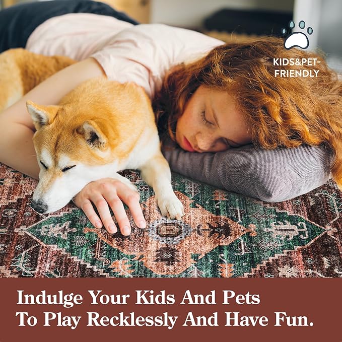 Lahome 8x10 Ultra-Thin Living Room Rug （Non-Slip Washable Non-Shedding）（Oriental Vintage Distressed Carpet for Dining，Bedroom，Office）