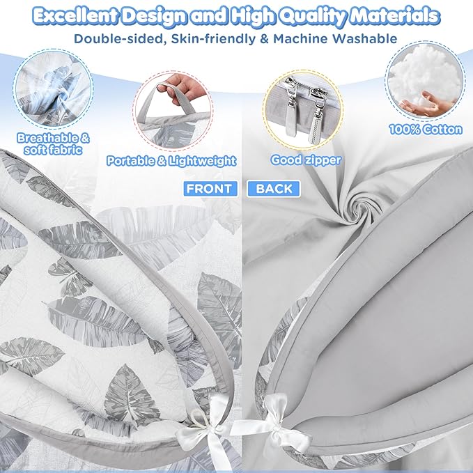 KISS GOLD Baby Lounger - Breathable Soft Cotton Cover Baby Lounger Nest, Babies Essentials Gifts, Portable Lounger for Baby Tummy Time Floor Playing Seated Support for Home and Travel