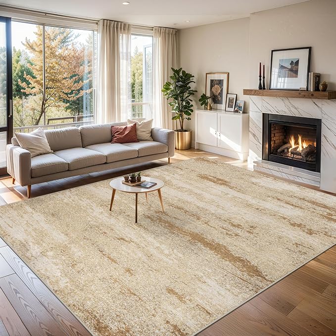 8x10 Area Rugs for Living Room - Washable Rug Modern Abstract Soft Large Neutral Non-Slip Carpet Indoor Floor Stain Resistant Thin Carpets for Bedroom Dining Room Farmhouse Nursery Home Office Beige