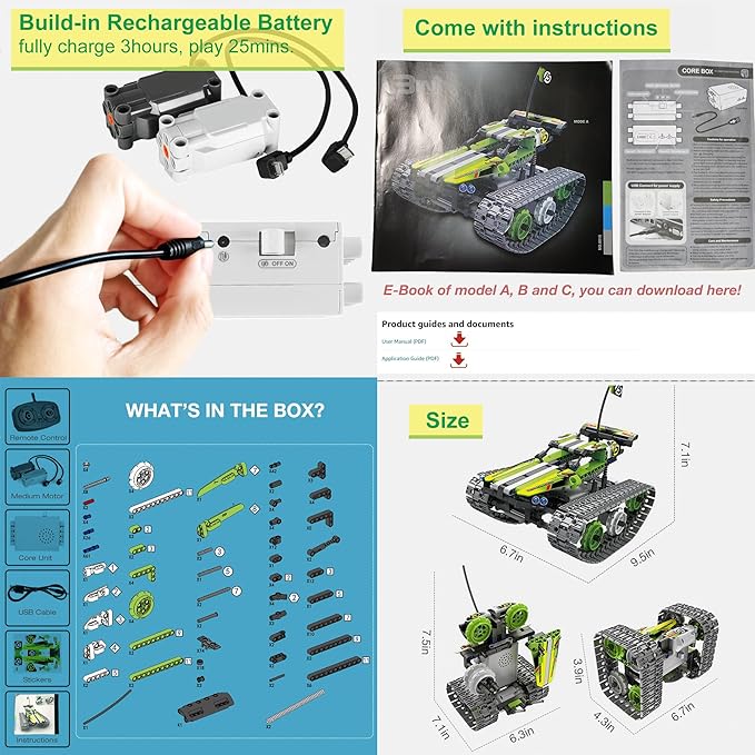 BIRANCO. Remote Control Tracked 3in1 Stunt Racer Building Kit - RC Car STEM Construction Toy, Gift Idea for Kids, Boys and Girls Ages 8-12 Year Old (353 Pcs)