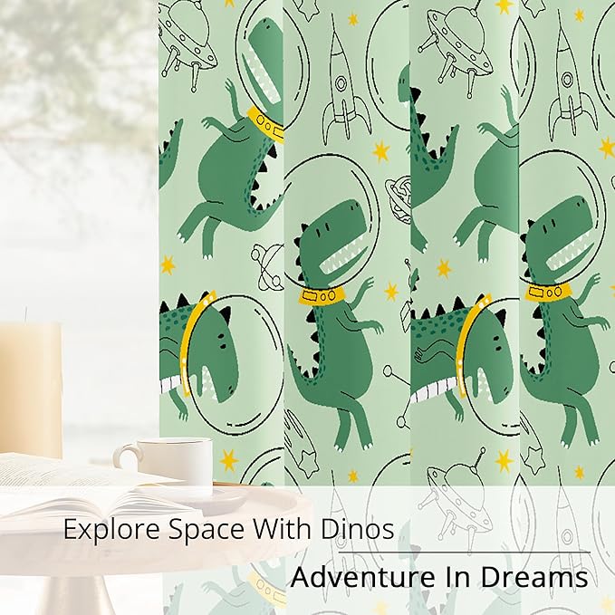 Kids Space Dino Blackout Curtains - 100% Blackout, Thermal Insulated, Noise Reducing, Perfect for Kids Room and Nursery, 2 Panels (Cosmo Dino Green, W52×L84)