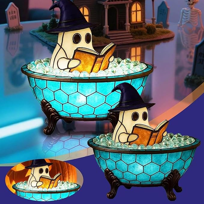 Ghost Bubble Bath Lamp, Halloween Light up Ghost Night Light, LED Flickering Nightlight, Cute Bathtub Spooky Books Nightlight for Halloween Ghost Decor