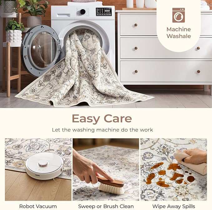 Washable Area Rug 5x7 for Living Room & Bedroom, Large Neutral Floral Rugs, Soft & Non Slip, Low Pile Wool Carpets for Indoor Under Table Dining Home Office Nursery Playroom, Beige